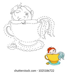 Numbers game for children. Connect the dots. Cute mermaid in a cup of tea illustration.