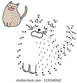 Numbers game for children. Connect the dots and draw a funny cat, saying Meow. Vector illustration