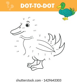 Numbers game for children, dot to dot education game. Connect The Dots and Draw Cute Cartoon Duck. Educational Game for Kids. Vector Illustration.