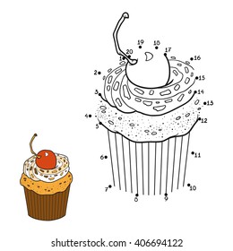 Numbers game for children, dot to dot education game, vector cupcake with cherry berry