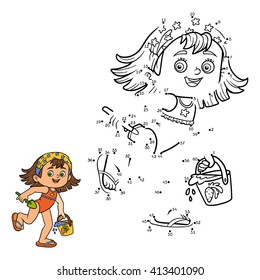 Zahlenspiel für Kinder, Dot-to-Dot-Bildungsspiel. Kleines Mädchen mit Eimer und Schaufel am Strand