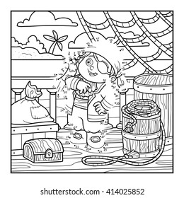Numbers game for children, dot to dot education game. Pirate and Parrot are on the deck of a ship