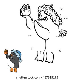 Numbers game for children, dot to dot education game. Little penguin and Christmas gift