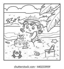 Numbers game for children, dot to dot education game, little girl builds a sand castle on the beach