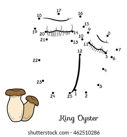 Numbers game for children, dot to dot education game. Edible mushrooms, king oyster