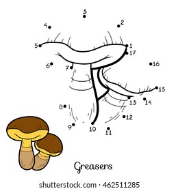 Numbers game for children, dot to dot education game. Edible mushrooms, greasers