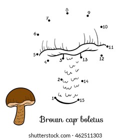 Numbers game for children, dot to dot education game. Edible mushrooms, brown cap boletus