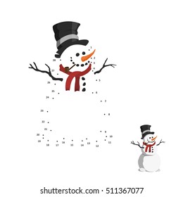 Numbers game for children  Dot to dot education game  Snowman in top hat  Vector illustration