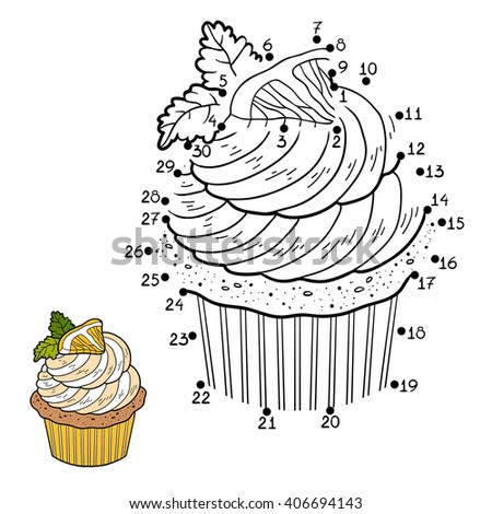 Numbers game for children, dot to dot education game, vector cupcake with a lemon
