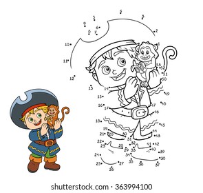 Numbers game for children, dot to dot game (pirate boy and monkey)