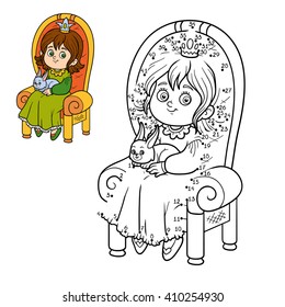 Numbers game for children, dot to dot game, young princess seated on a throne with the bunny in hands