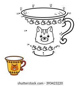 Numbers game for children, education dot to dot game. A mug with a cute cat