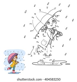 Numbers game for children, education dot to dot game. Girl running with an umbrella in the rain