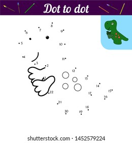 Numbers game with dinosaur. Print and color. Practice handwriting. Connect the dots. With a sample of green tyrannosaurus. Simple developing coloring book for children.