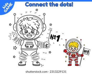 Numbers game. Dot to dot educational game for children. Connect the dots and draw a cartoon astronaut boy in space. Page of activity book for preschool and preschool kids. Vector spaceman in cosmos.