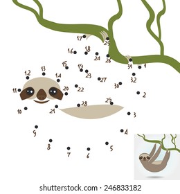 numbers game. dot game Three-toed sloth unau on green branch on white background. vector