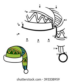 Numbers game, education game for children. Dot to dot game, knitted hat with winter ornament