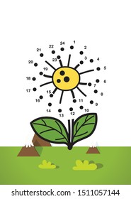 Numbers game, education game for children.sun flowers on grass. vector illustration