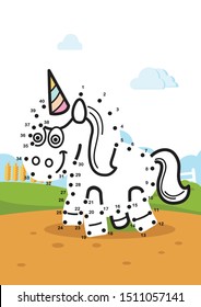 Numbers game, education game for children unicorn standing on the hill vector illustration