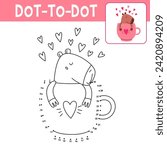 Numbers game, education dot to dot game for children, coloring book. Cute lovely capybara in cup. Valentine day.
