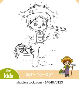 Numbers game, education dot to dot game for children, Farmer boy with rake and bucket