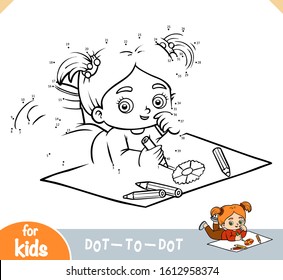 Numbers game, education dot to dot game for children, Little girl drawing with color pencils a flower