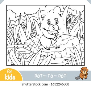 Numbers game, education dot to dot game for children, Beaver sits on a stone by the river