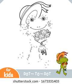 Numbers game, education dot to dot game for children, Cute little frog with a bouquet of flowers