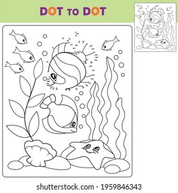 Numbers game, education dot to dot game for children. Vector illustration of Cartoon sea fish. Coloring book.