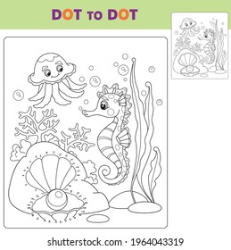 Numbers game, education dot to dot game for children. Vector illustration of Cartoon the seahorse and jellyfish. Coloring book.