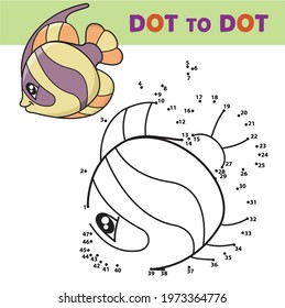 Numbers game, education dot to dot game for children. Vector illustration of Cartoon the fish. Coloring book.