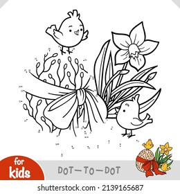 Numbers game, education dot to dot game for children, Easter illustration little birds and colored egg and flowers