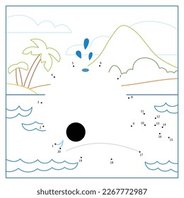 Numbers game, education dot to dot game for children, Cute whale and tropical island background