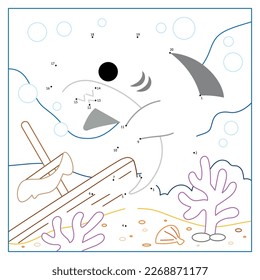 Numbers game, education dot to dot game for children, Cute shark and sunken ship background