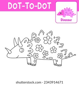 Numbers game, education dot to dot game for children, coloring book. Triceratops princess, girl dinosaur.