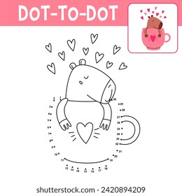 Numbers game, education dot to dot game for children, coloring book. Cute lovely capybara in cup. Valentine day.