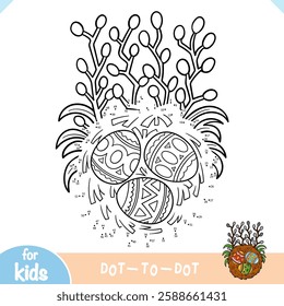 Numbers game, education dot to dot game for children, Easter illustration birds nest and colored eggs and willow