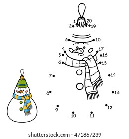 Numbers game, education dot to dot game for children. Christmas toys, snowman