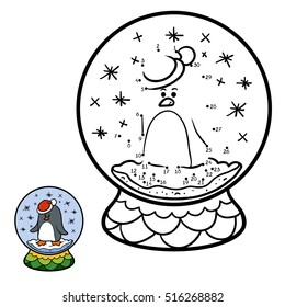 Numbers game, education dot to dot game for children, winter Snowball with penguin