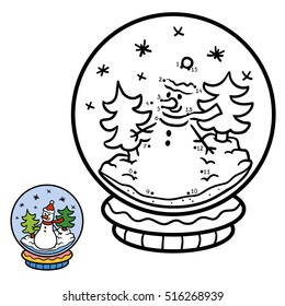 Numbers game, education dot to dot game for children, winter Snowball with snowman