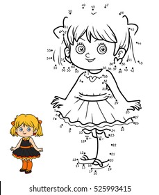 Numbers game, education dot to dot game for children, little Girl