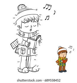 Numbers game, education dot to dot game for children, Boy singing a Christmas song