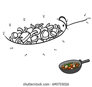 Numbers game, education dot to dot game for children, Vegetables in a frying pan