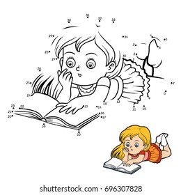 Numbers game, education dot to dot game for children, Young girl reading a book