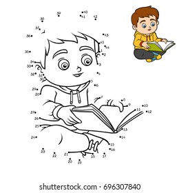 Numbers game, education dot to dot game for children, Young boy reading a book