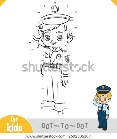 Numbers game, education dot to dot game for children, Police officer boy shows a salute gesture