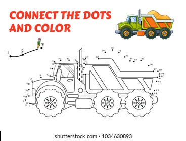 Numbers game, educational connect the dots game for children, Green Sand Truck