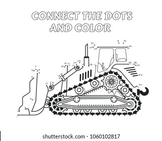 Numbers game, a educational connect the dots game for children. Bulldozer Side View.