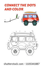 Numbers game, an educational connect the dots game for children, Red Bus with a Colored Example