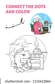 Numbers game, an educational connect the dots game for children. Grumpy pink monster cooks dinner.